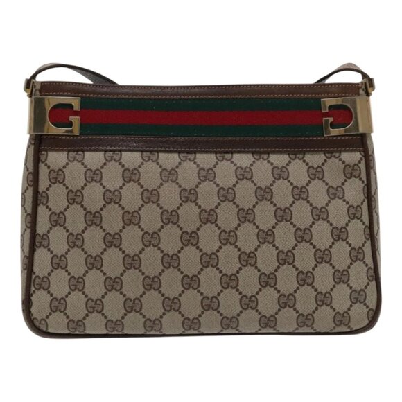 GUCCI GG Supreme Web Sherry Line Shoulder Bag PVC Beige Gold Red Auth 95726 - Picture 2 of 16